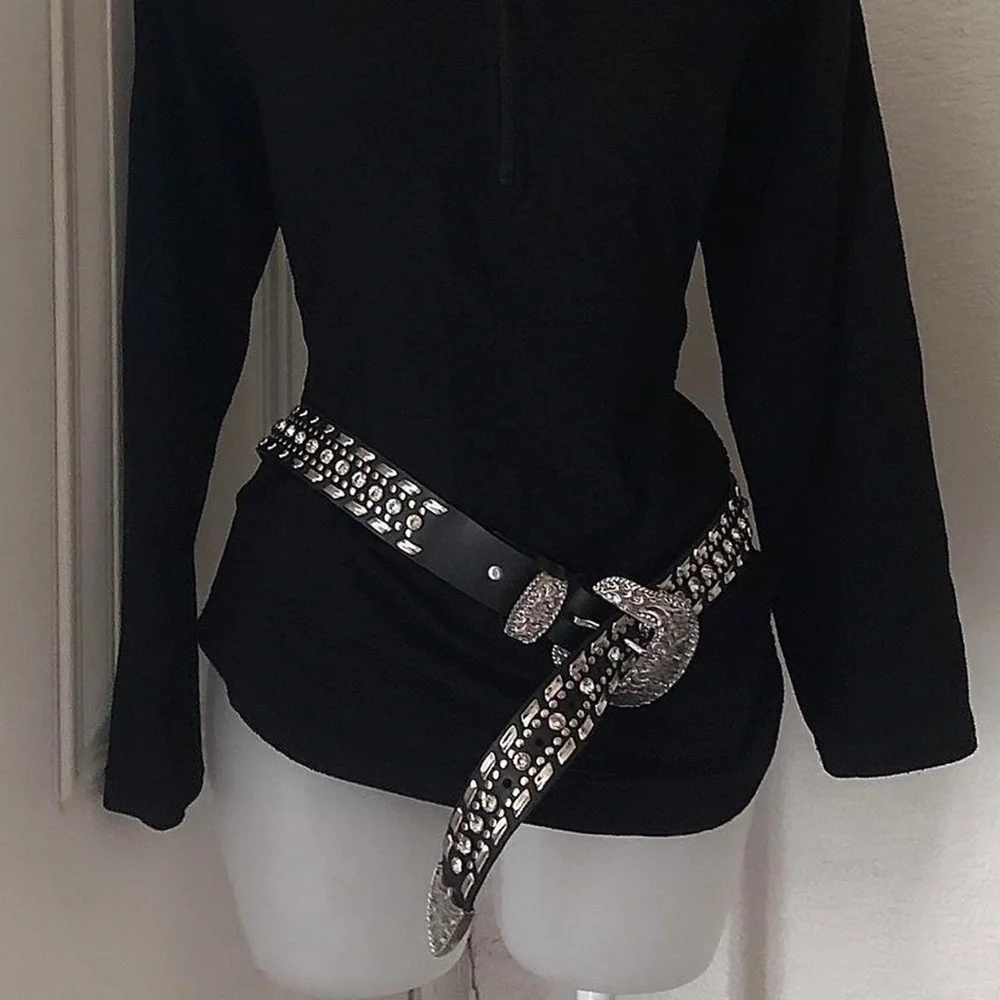 Y2K Grunge Goth Black Silver Genuine Leather Chunky Studded Belt Large Buckle